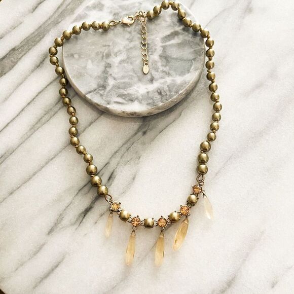 Vintage Monet Green Pearl Necklace Faux Topaz Crystal Accent Dangle Beads Signed - Picture 1 of 8